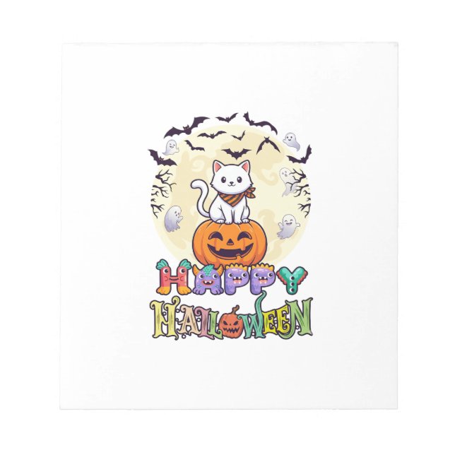 Happy Halloween White Cat Pumpkin Moon Bats Ghosts Notepad (Front)
