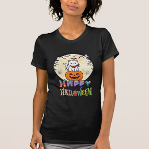 Happy Halloween White Cat Pumpkin Moon Bats Ghosts T-Shirt