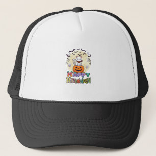 Happy Halloween White Cat Pumpkin Moon Bats Ghosts Trucker Hat