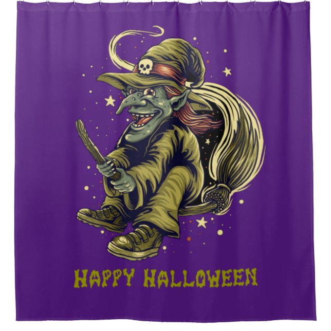 Happy Halloween Wicked Flying Witch Shower Curtain (Front)