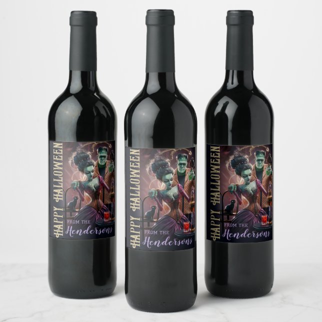 Happy Halloween Wine Gift , Bride of Frankenstein  Wine Label (Bottles)