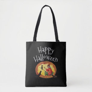 Happy Halloween, Witch, Black Cat and Owl Tote Bag