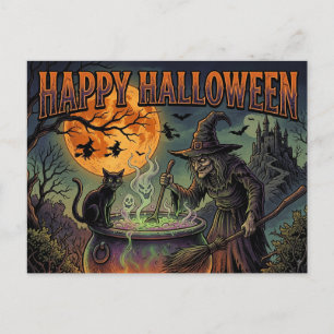 Happy Halloween Witch Black Cat Full Moon Retro Postcard