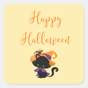 Happy Halloween Witch Black Cat Mouse on Brim Square Sticker