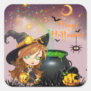 Happy Halloween Witch Brew and Pumpkins Square Sticker