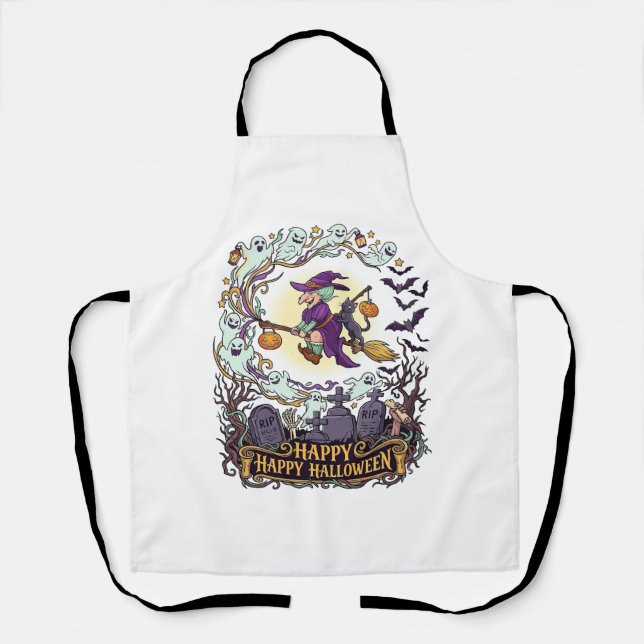 Happy Halloween Witch Broom Black Cat Ghosts_1 Apron (Front)