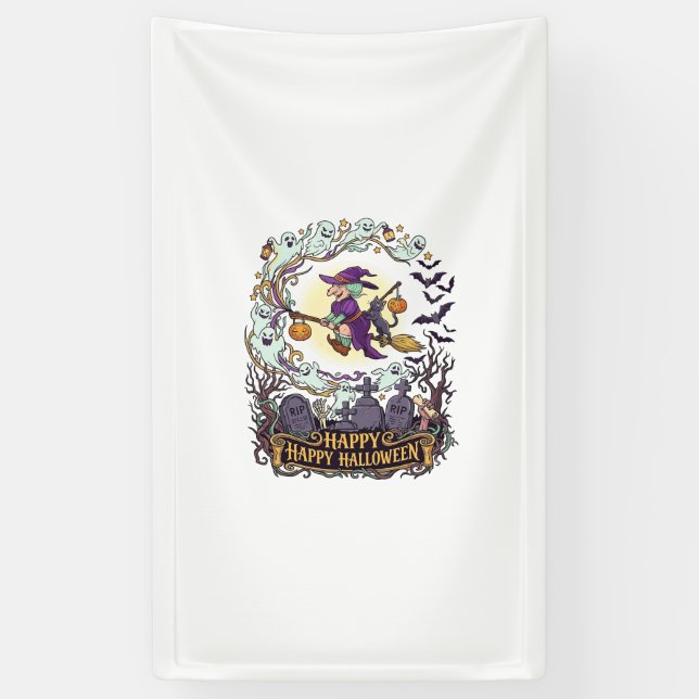 Happy Halloween Witch Broom Black Cat Ghosts_1 Banner (Vertical)