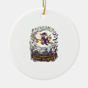 Happy Halloween Witch Broom Black Cat Ghosts_1 Ceramic Tree Decoration