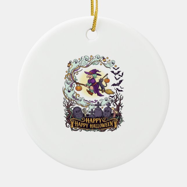 Happy Halloween Witch Broom Black Cat Ghosts_1 Ceramic Tree Decoration (Front)