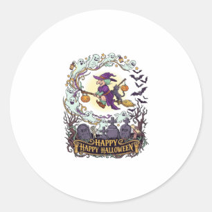 Happy Halloween Witch Broom Black Cat Ghosts_1 Classic Round Sticker