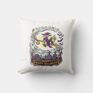 Happy Halloween Witch Broom Black Cat Ghosts_1 Cushion