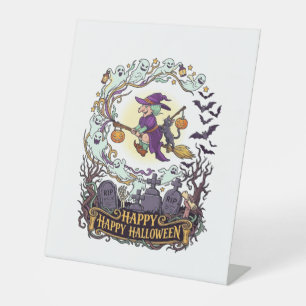 Happy Halloween Witch Broom Black Cat Ghosts_1 Pedestal Sign