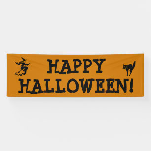 Happy Halloween Witch Broomstick Black Cat Orange Banner