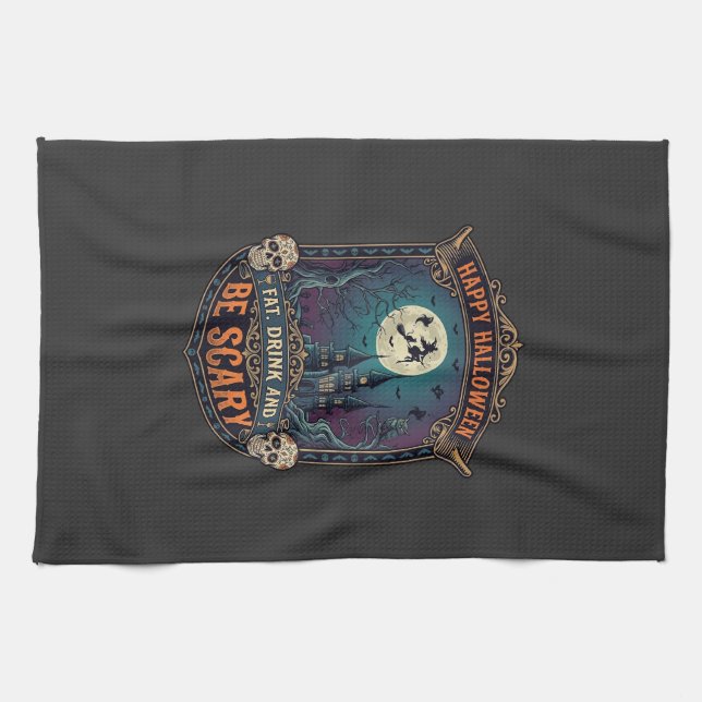 Happy Halloween Witch Castle Skulls Fat Drink Be S Tea Towel (Horizontal)