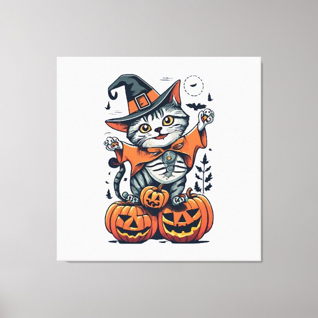 Happy Halloween Witch Cat Canvas Print (Front)