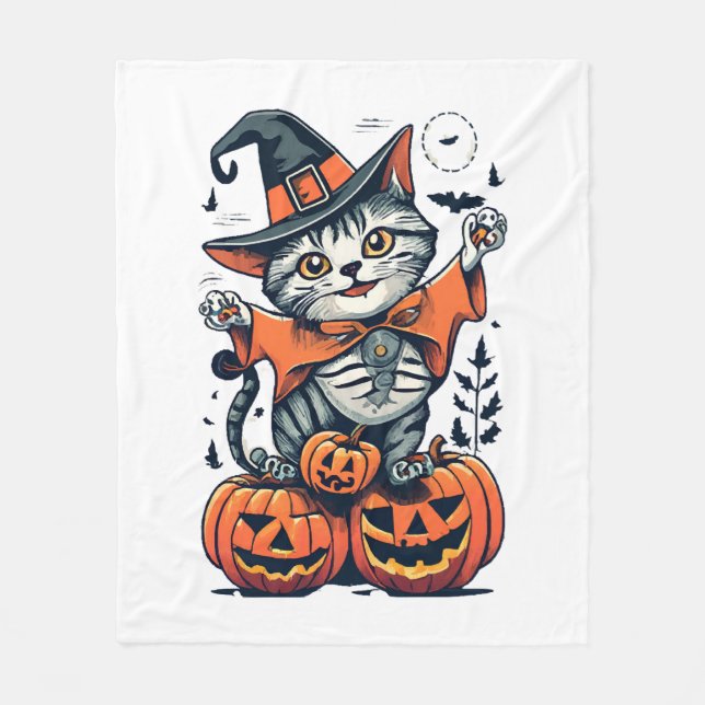 Happy Halloween Witch Cat Fleece Blanket (Front)