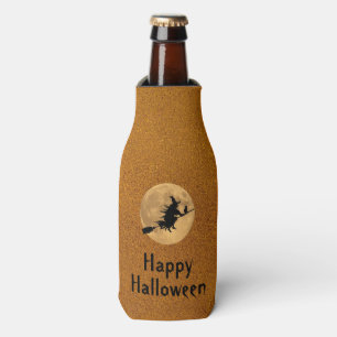 Happy Halloween Witch & Cat on a Broom Silhouette Bottle Cooler