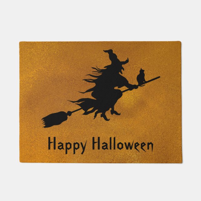 Happy Halloween Witch & Cat on a Broom Silhouette Doormat (Front)