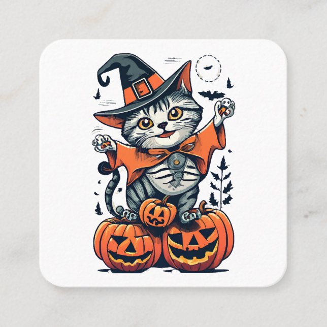 Happy Halloween Witch Cat Square Business Card (Front)