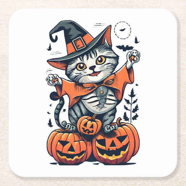 Happy Halloween Witch Cat Square Paper Coaster (Front)