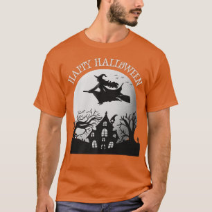 Happy Halloween Witch Flying Over a Haunted House T-Shirt