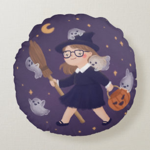 Happy Halloween Witch & Ghosts Round Cushion