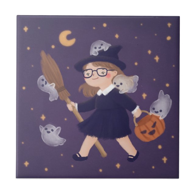 Happy Halloween Witch & Ghosts Tile (Front)