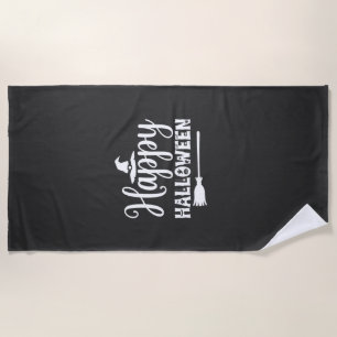 Happy Halloween Witch Hat Broom Design Beach Towel