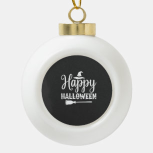 Happy Halloween Witch Hat Broom Design Ceramic Ball Christmas Ornament