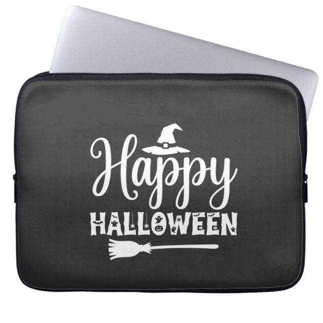 Happy Halloween Witch Hat Broom Design Laptop Sleeve (Front)