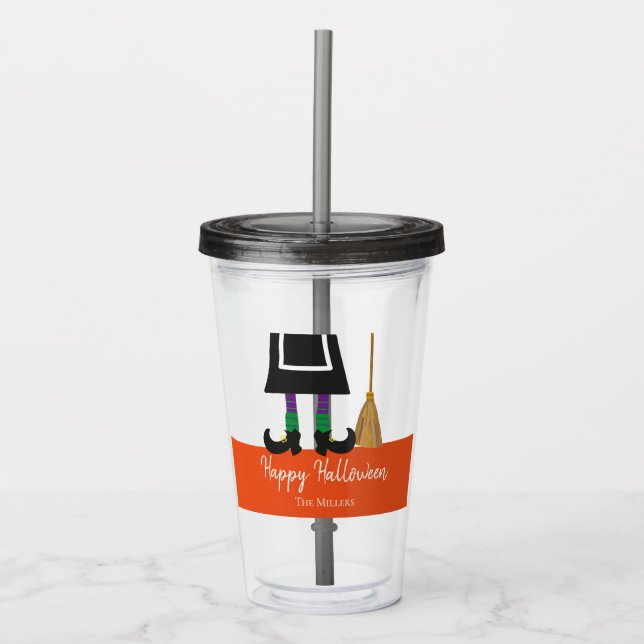 Happy Halloween Witch Legs & Broom Personalised Acrylic Tumbler (Front)