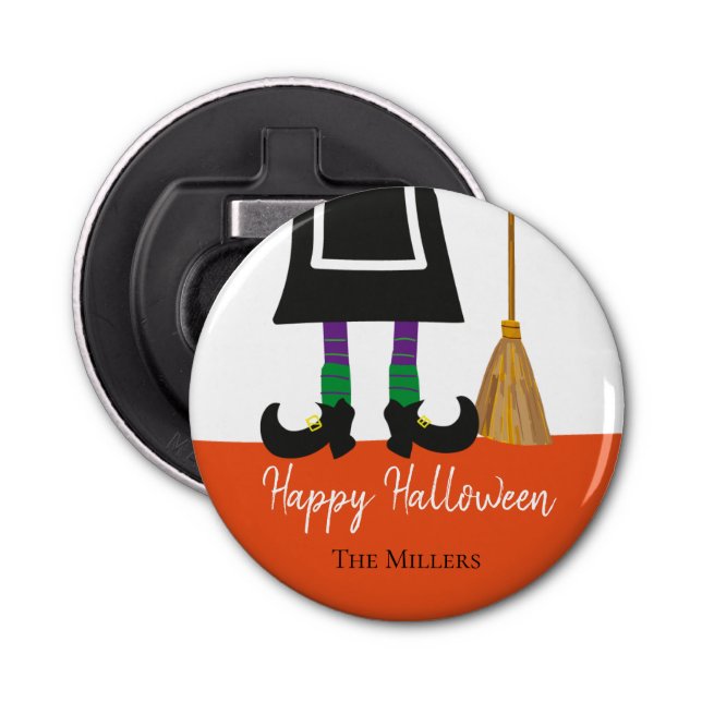 Happy Halloween Witch Legs & Broom Personalised Bottle Opener (Front)