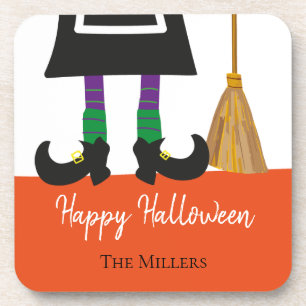 Happy Halloween Witch Legs & Broom Personalised Coaster