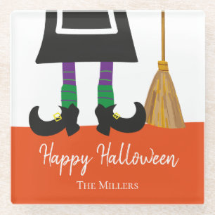 Happy Halloween Witch Legs & Broom Personalised Glass Coaster