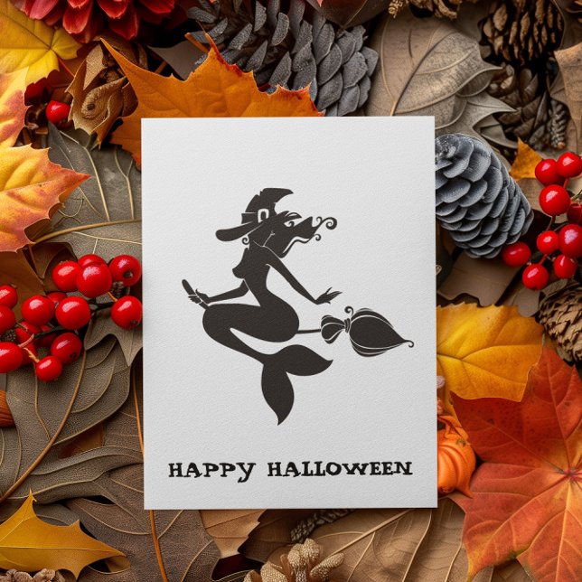 Happy Halloween Witch Mermaid on Broom Postcard (Creator Uploaded)