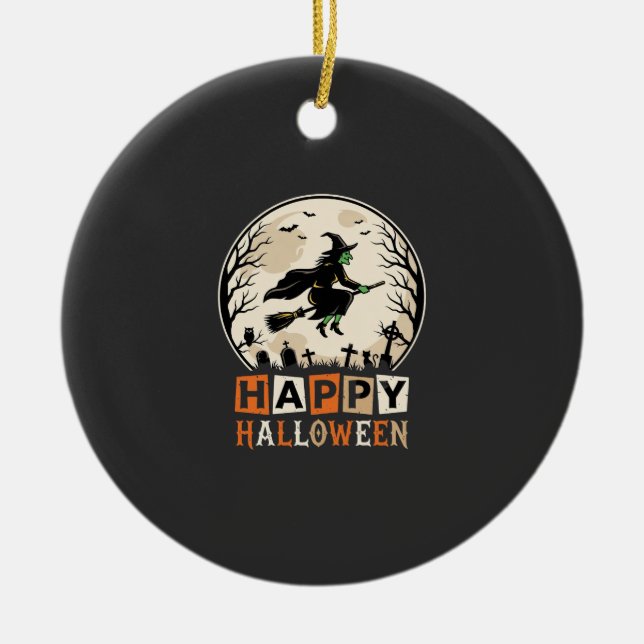 Happy Halloween Witch Moon Cemetery Design_1 Ceramic Tree Decoration (Front)