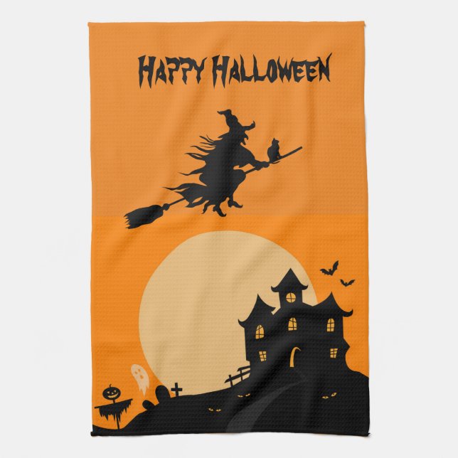 Happy Halloween Witch on a broom Tea Towel (Vertical)