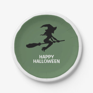 Happy Halloween, Witch On Broomstick Paper Plate