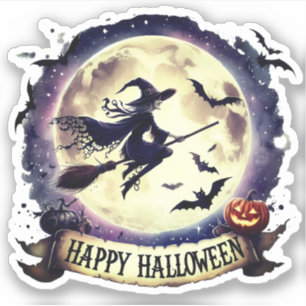 Happy Halloween - Witch on flying Broom 