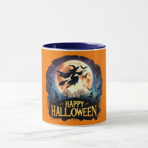 Happy Halloween - Witch on flying Broom  Mug
