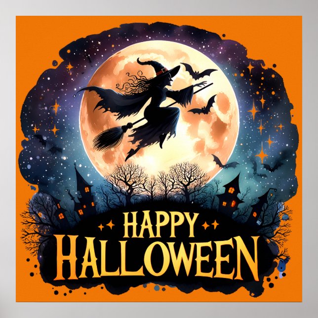 Happy Halloween - Witch on flying Broom  Poster (Front)