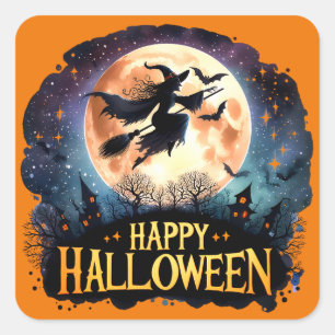 Happy Halloween - Witch on flying Broom  Square Sticker