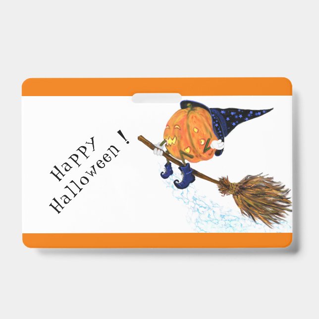 Happy Halloween Witch Pumpkin Flying Broom - Fun ID Badge (Front)