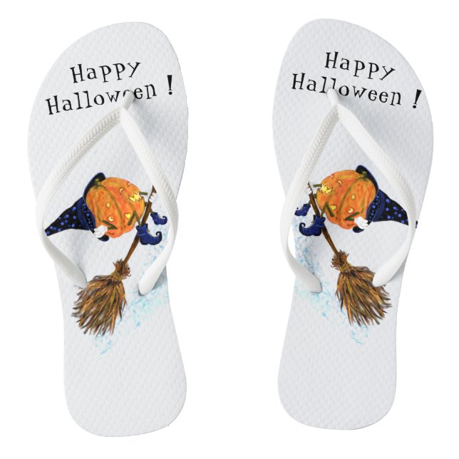 Happy Halloween Witch Pumpkin Flying Broom - Fun Jandals (Footbed)