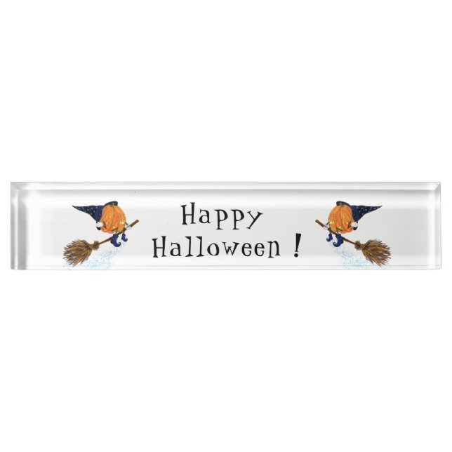 Happy Halloween Witch Pumpkin Flying Broom - Fun Nameplate (Front)