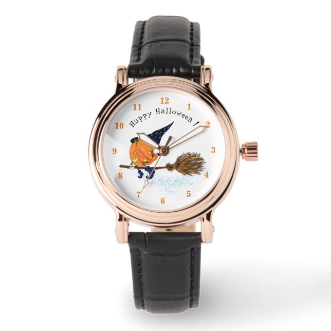 Happy Halloween Witch Pumpkin Flying Broom - Fun Watch (Front)
