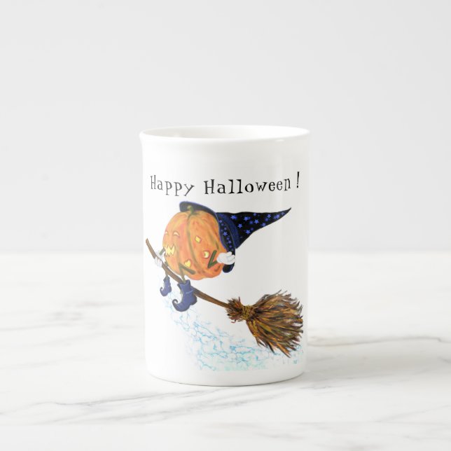 Happy Halloween Witch Pumpkin Flying Broom - Funny Bone China Mug (Front)