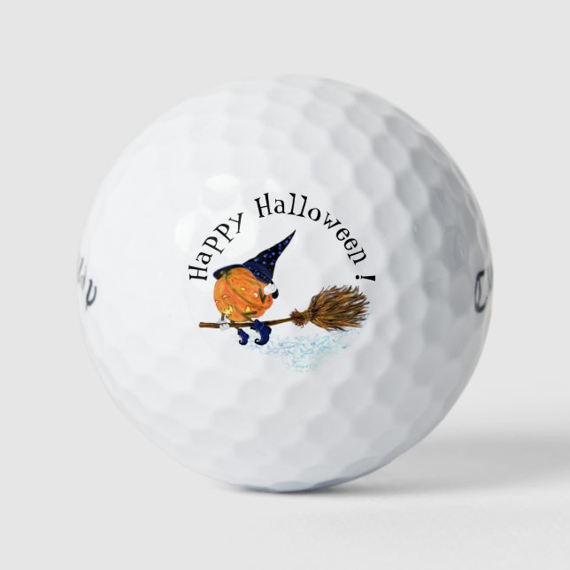 Happy Halloween Witch Pumpkin Flying Broom - Funny Golf Balls (Front)