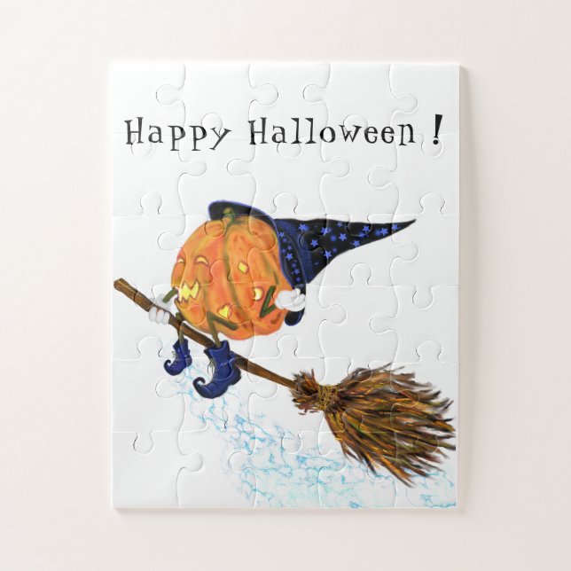 Happy Halloween Witch Pumpkin Flying Broom - Funny Jigsaw Puzzle (Vertical)