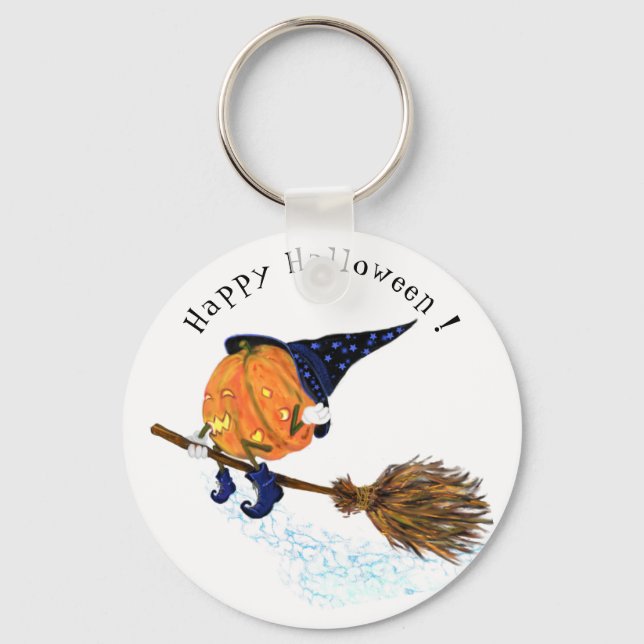 Happy Halloween Witch Pumpkin Flying Broom - Funny Key Ring (Front)